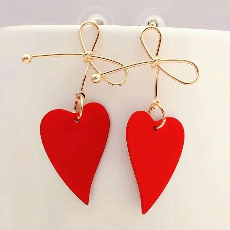 Сережки жіночі Бантики із серцем Guangtuo золотисто-червоні