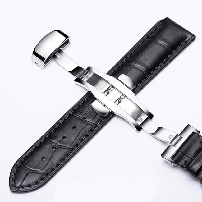 Браслет для годинника з натуральної шкіри зі сріблястою застібкою UTHAI 18 мм чорний