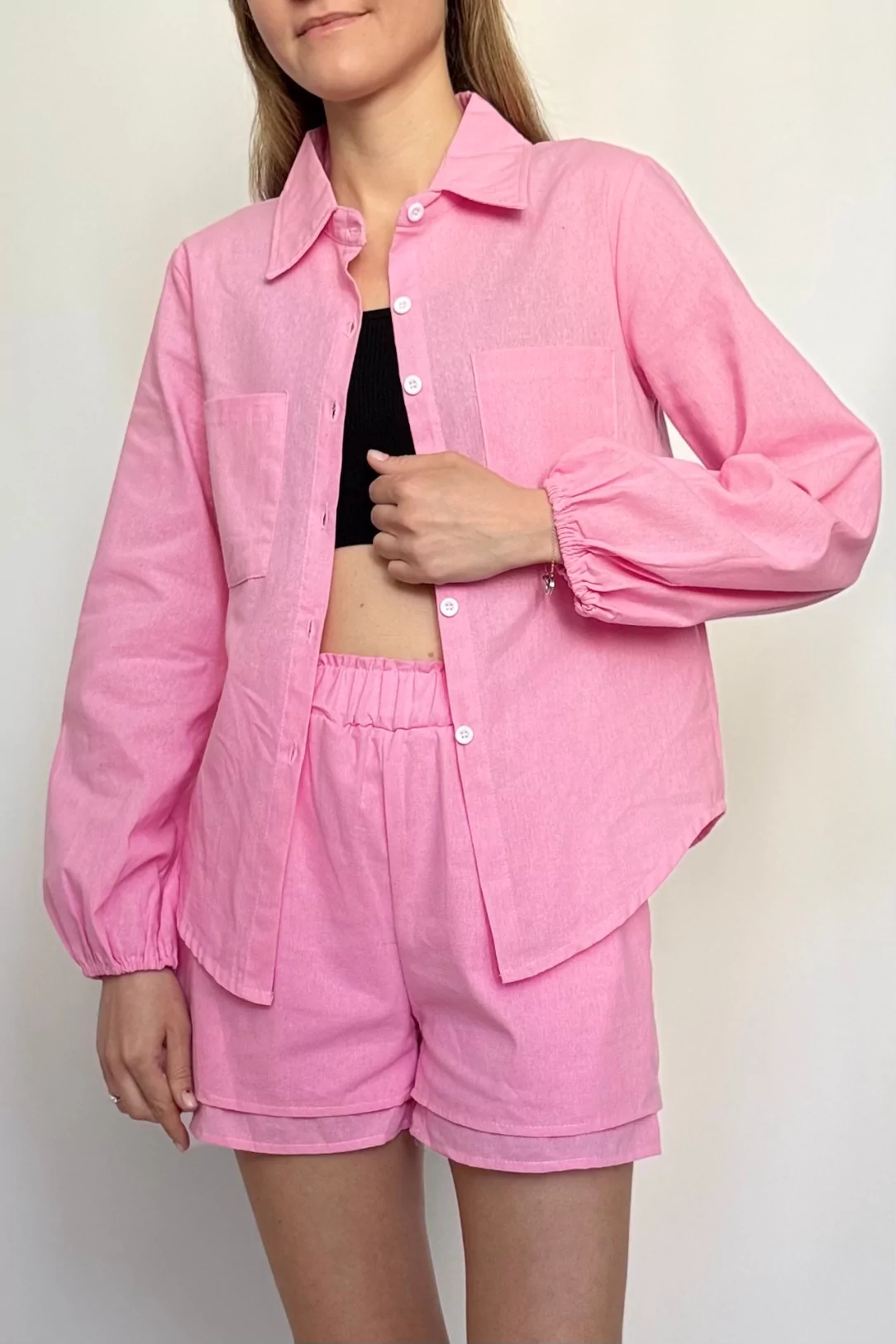 Лляний костюм жіночий шорти та сорочка Linen XS-S Meoexin рожевий